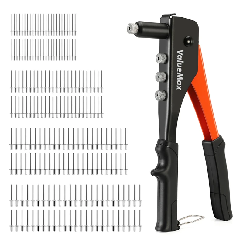 ValueMax-Manual Profissional Rivet Gun Set, Hand Riveter Tool, Reparação Em Casa e DIY com 200 Rebites, 2.4mm, 3.2mm, 4.0mm, 4.8mm