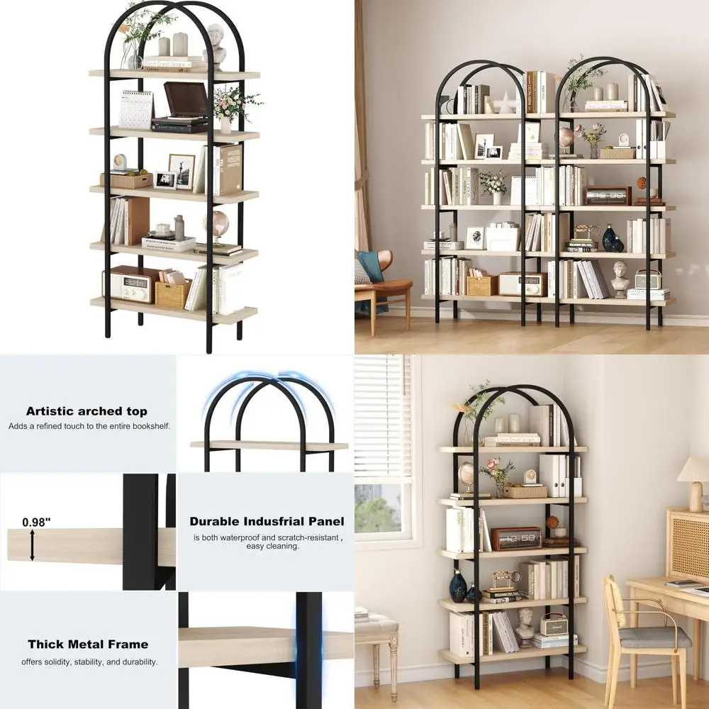 رف كتب مكون من 5 طبقات مقوسة، أرفف كتب صناعية مفتوحة بطول 74 بوصة لغرفة المعيشة، رفوف عرض حديثة قائمة بذاتها