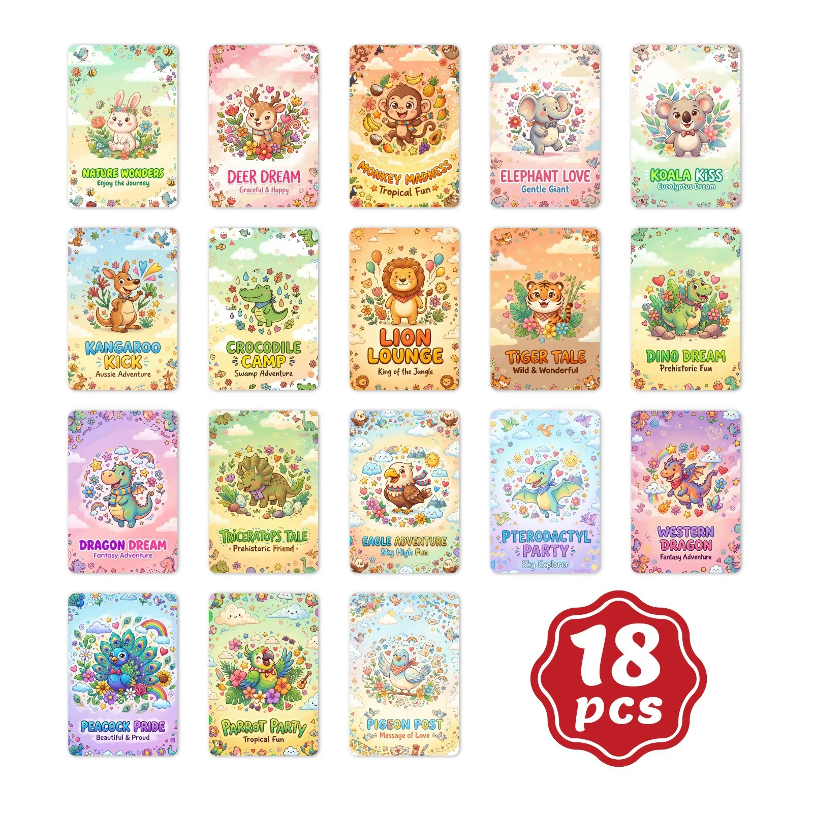 

18 Warm Cute Animal Theme Illustration Text Message Cards Postcards Wall Decor Card Set for Home Office and Gift Giving