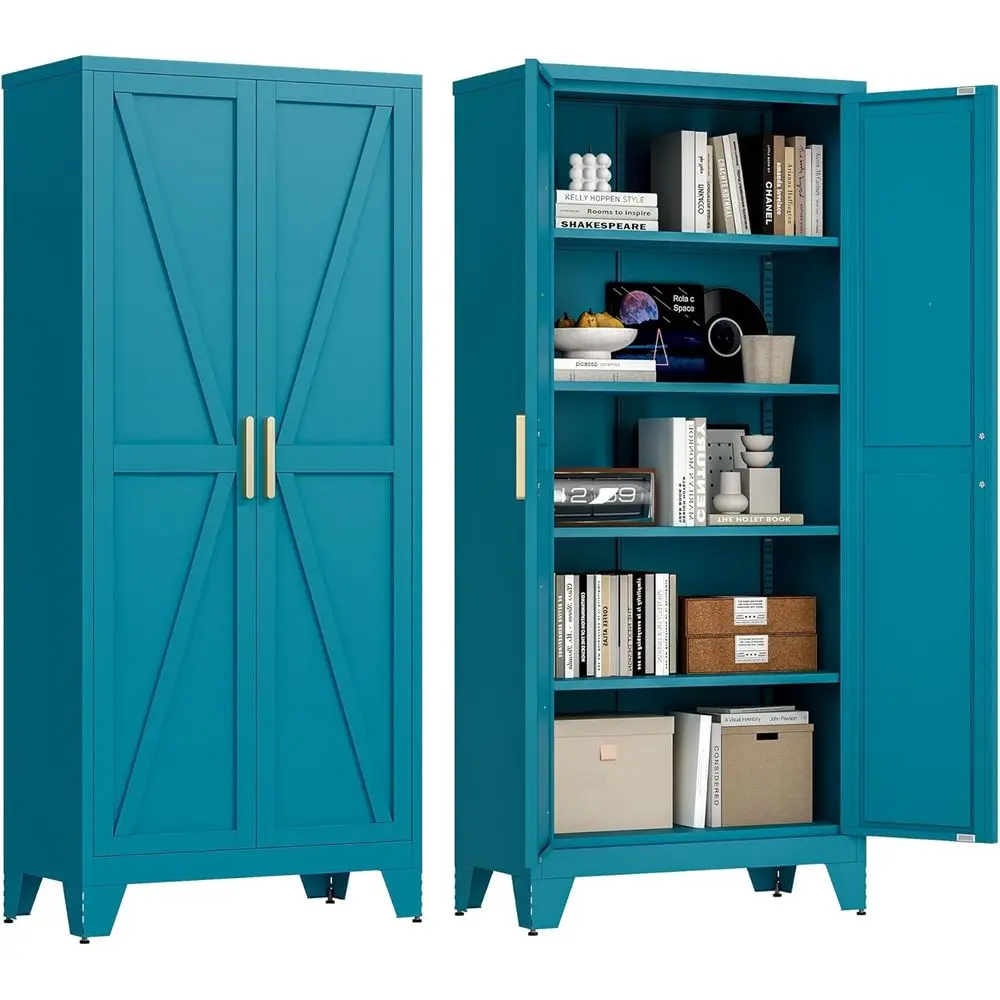 

71-inch Metal Storage Cabinet with Barn Door, Ideal for Kitchen Pantry or Home Office, 4 Adjustable Shelves, Freestanding Cupboa