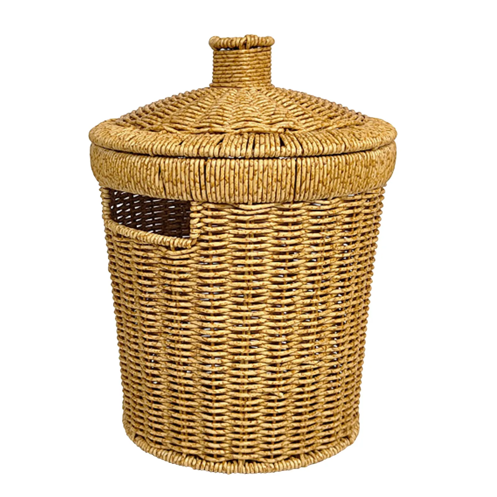 Modern Imitation Rattan Trash Can with Lid Round Woven PP Iron Frame Odor Proof Sealed Lid for Bathroom Bedroom Kitchen Living