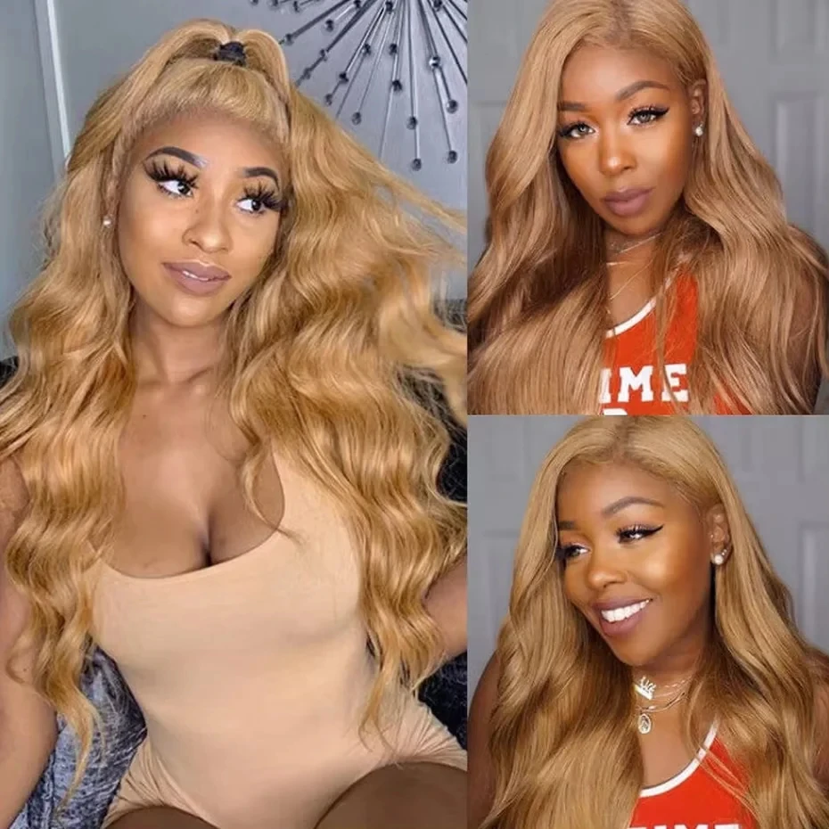 Parrucca in capelli umani con frontale in pizzo HD 13x6, colore biondo miele, capelli ondulati, parrucche in capelli umani al 100%, 250% di densità, effetto bagnato e ondulato, parrucca con frontale