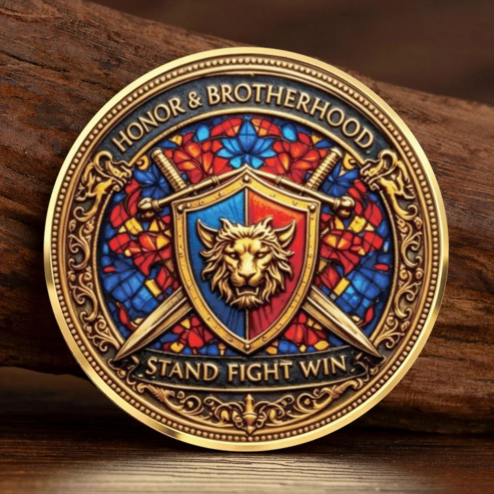 Vintage Knight Lion 2D Flat Gold Plated Stained Glass Commemorative Coin Honor Brotherhood Souvenir Gift for Men Collection Coin