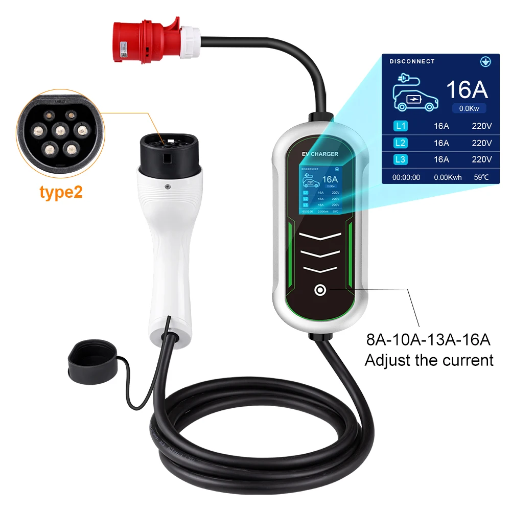 

16A Type2 Portable EV Charger 11KW IEC62196 Socket 5M Cable EVSE Charging Time Current Adjustable Wallbox Electric Car Accessory