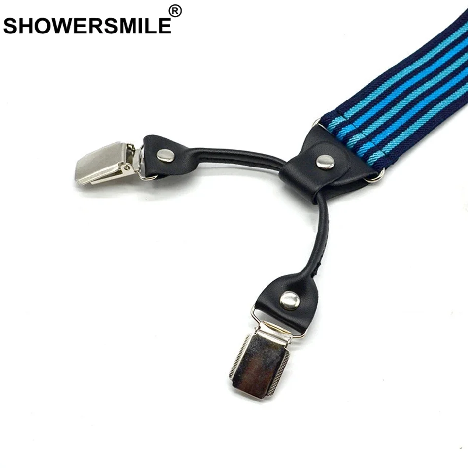 Showersmile suspensórios listrados vermelhos, brancos e azuis para calças masculinas, suspensórios elásticos de alta qualidade, 4 clipes, cinto 3.5*120cm, suspensórios marinhos