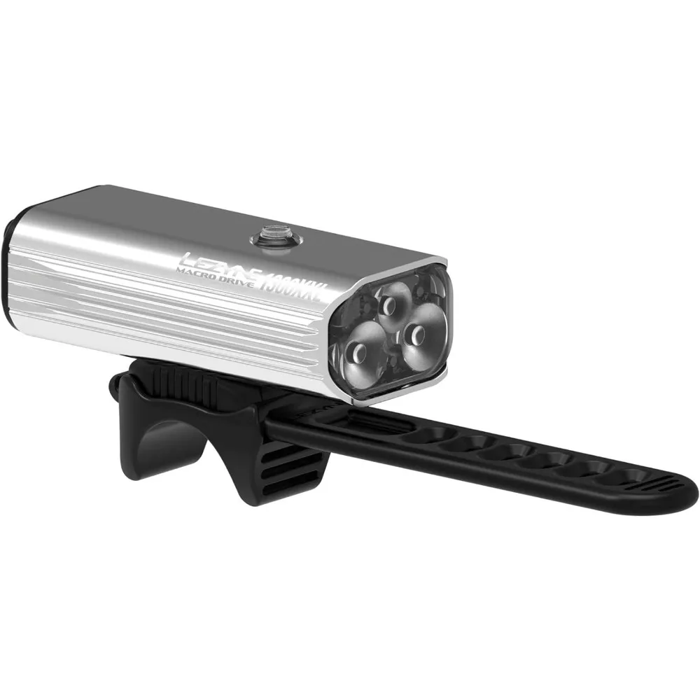 

Macro Drive 1300XXL Bicycle Front Light, 1300 Lumens, White LED, Road, Mountain, Gravel Bike, USB Rechargeable, Silver