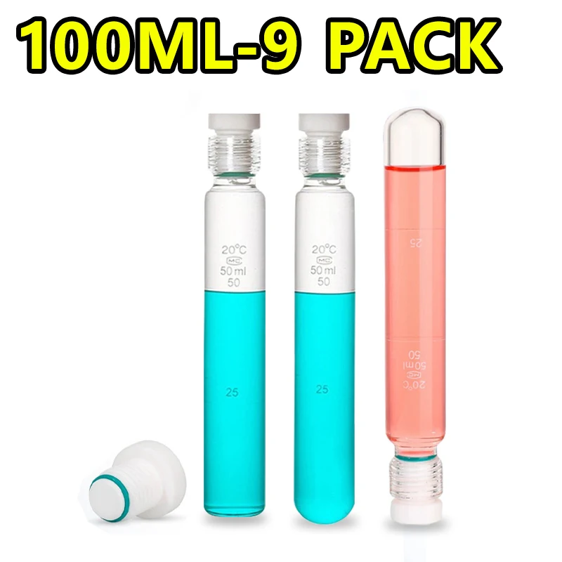 

Стеклянная трубка, устойчивая к давлению стекло, 100 мл, пробка из ПТФЭ, цветриметрическая трубка с винтовым верхом и шкалой, круглое дно/плоское дно, 9 шт.