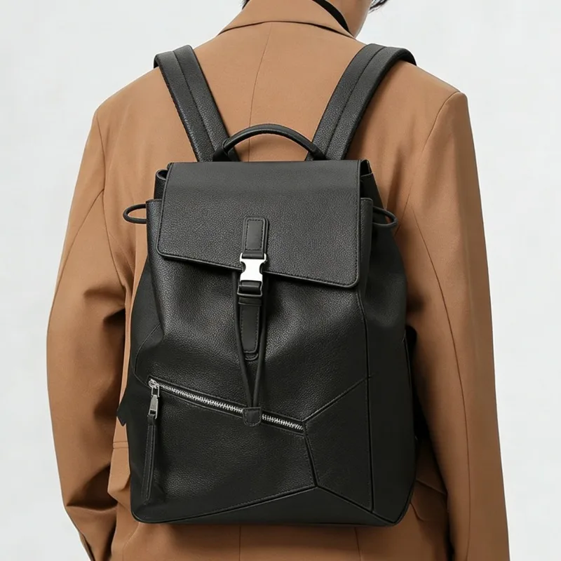 Luxury Leather Backpack Men Fashion Buckle Drawstring Men's Backpacks Business Laptop Bag Large Capacity Travel Bags Schoolbags