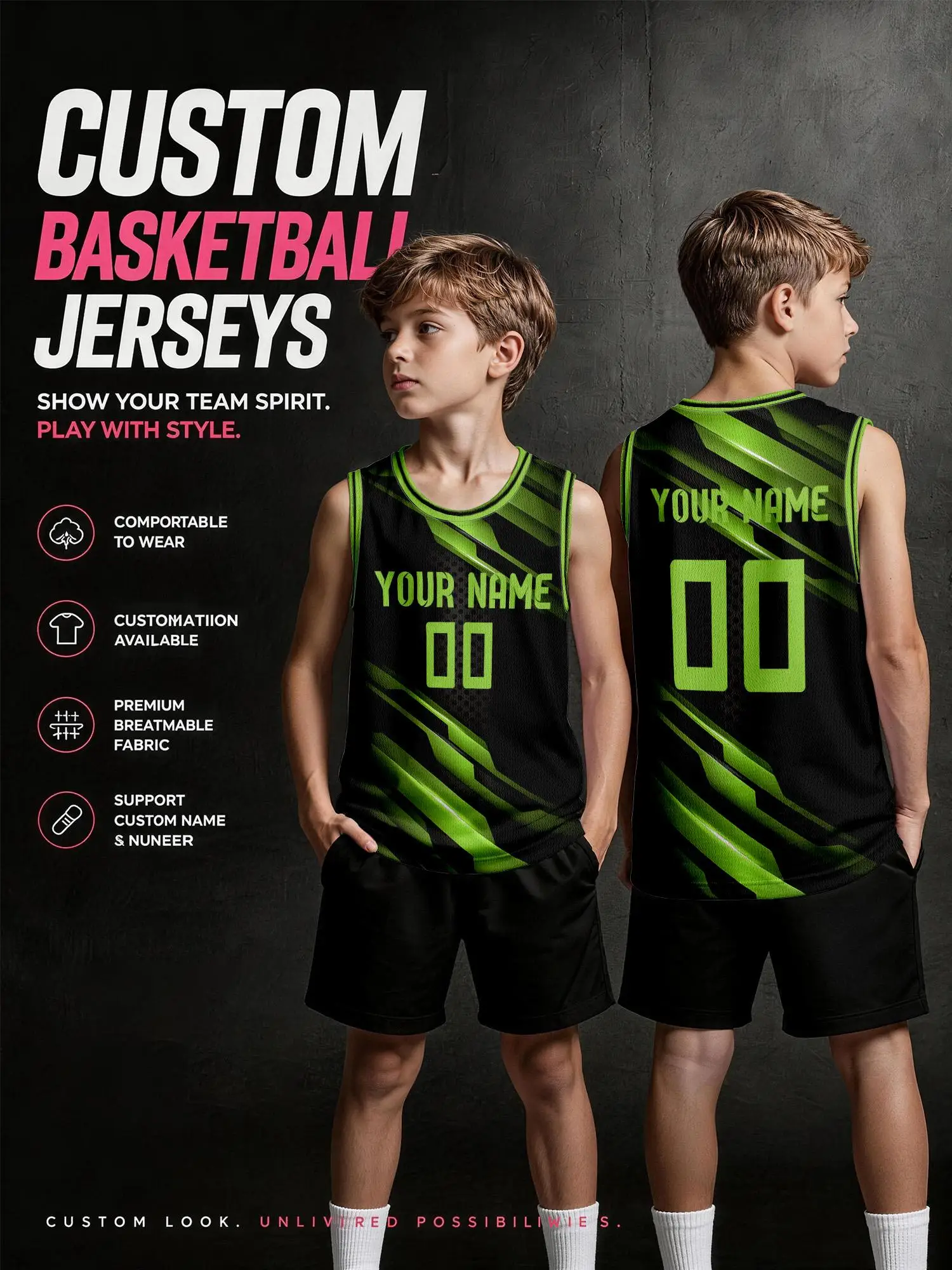 Black‑Green Dynamic Stripe Custom Basketball Jersey, DIY Name & Number, Breathable Quick‑Dry Set For Adults & Kids