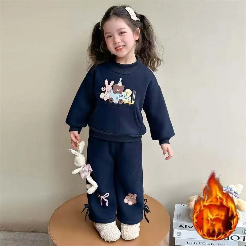 

Детская зимняя одежда для девочек, флисовый свитшот с животным принтом для девочек, одежда из 2 предметов, бархатные теплые штаны с бантом и подолом для маленьких девочек