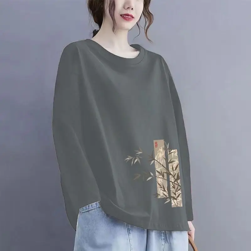 T-shirt da donna a maniche lunghe in cotone, girocollo ampio, top casual stampato