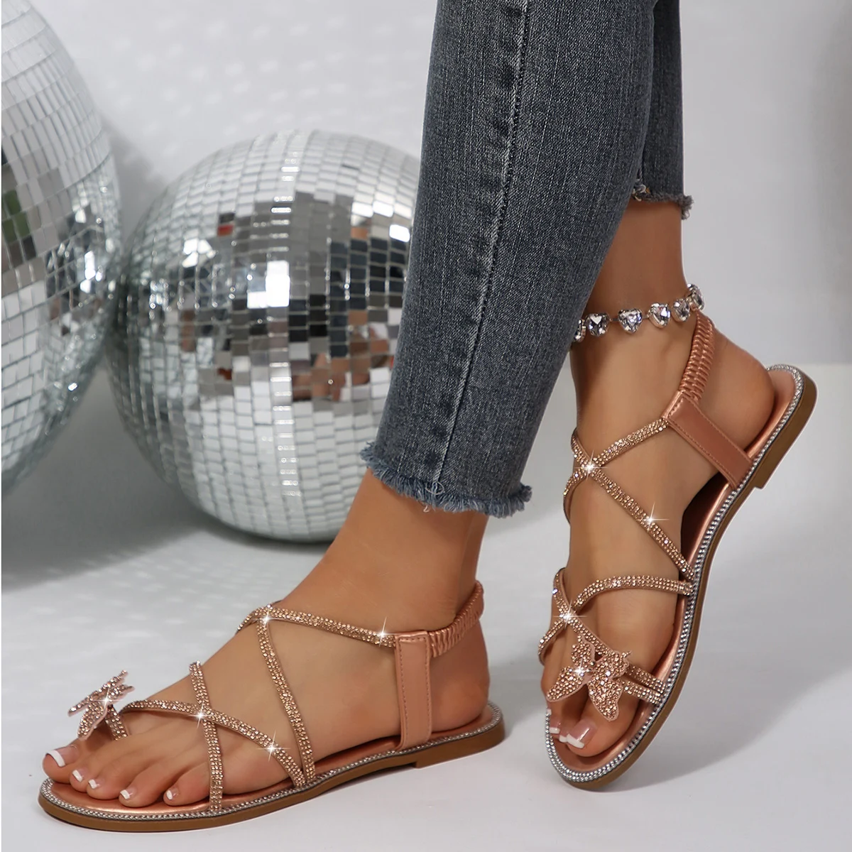 Trend Women Sandals Summer Fashion Luxury Shoes Women Rhinestone Butterfly Decor Flat Female Shoes Casual Comfortable Sandals