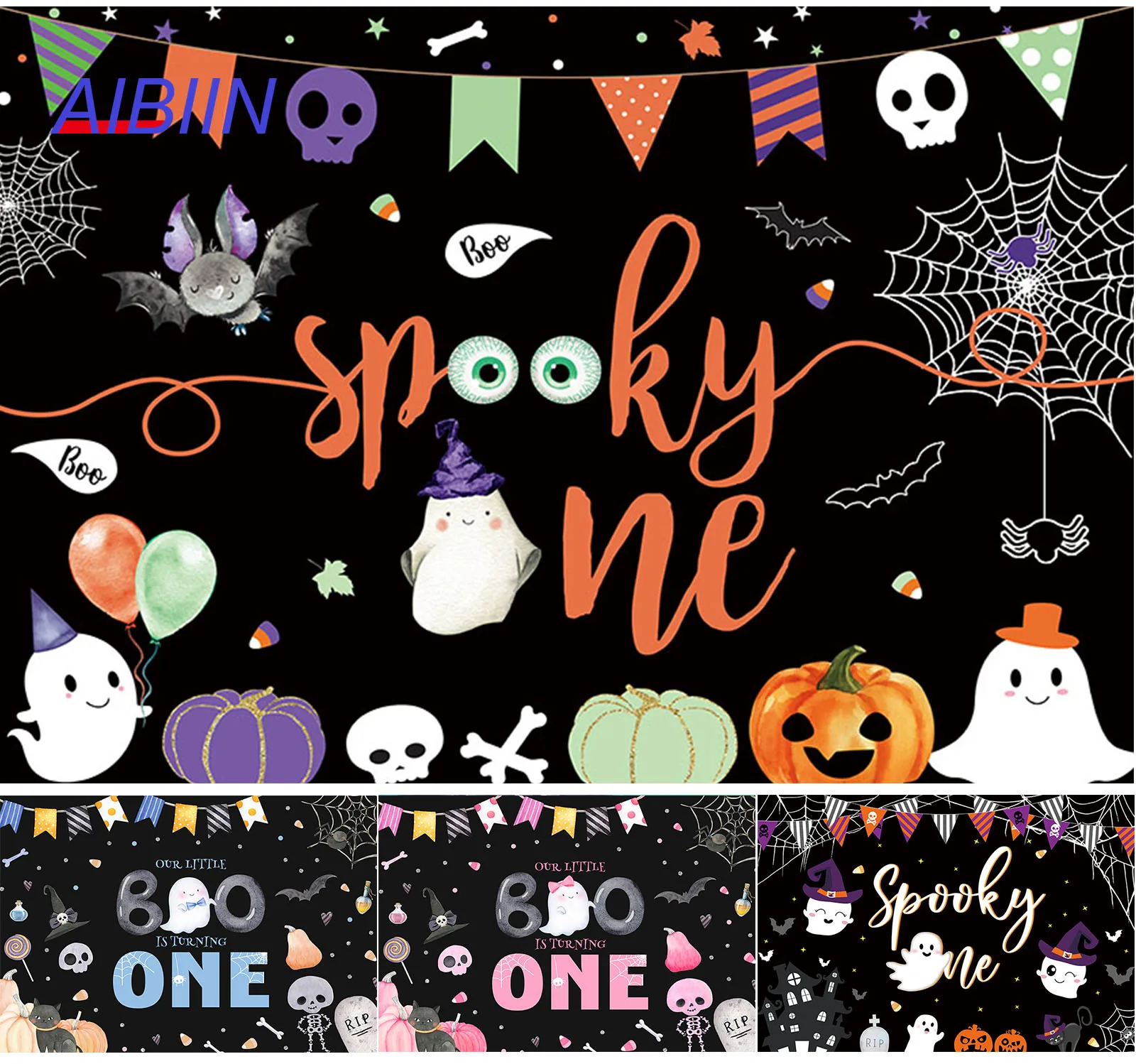 

Spooky One Year Birthday Backdrop Halloween Ghost Spider Web Bat Pumpkin Boo Black Photography Background Cake Table Party Decor