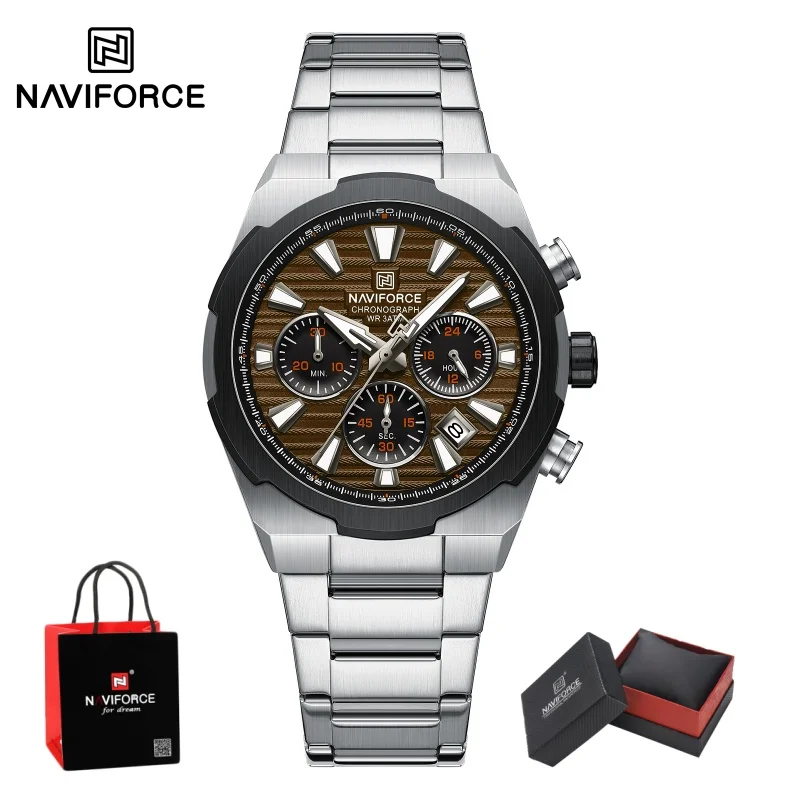 NAVIFORCE Male Multi-Function Quartz Watch 3ATM Waterproof Hardened Mineral Glass Stainless Steel Business Wristwatch Gifts box