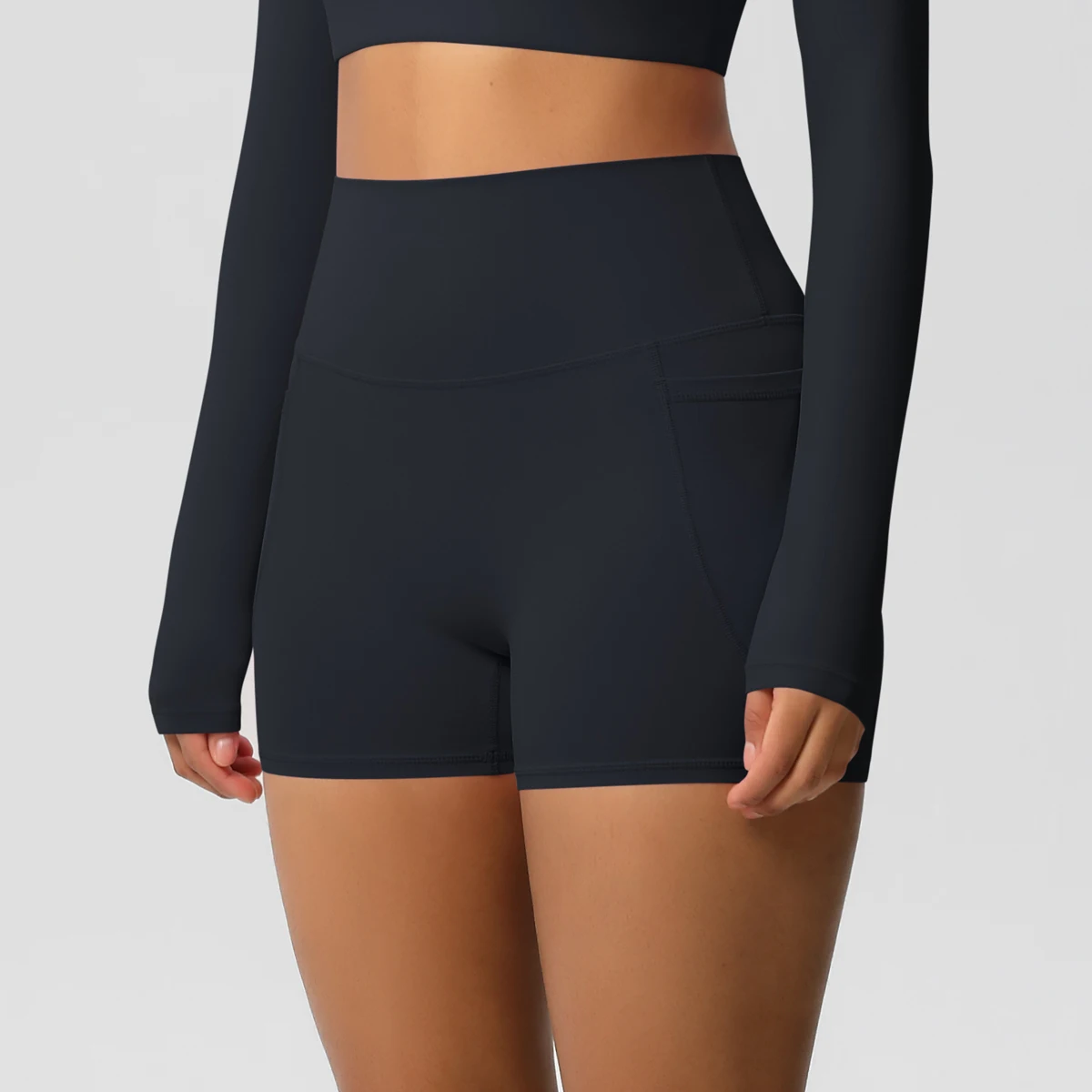 Einfarbige Yogahose mit Taschen, schnell trocknend, hohe Taille, für Fitnessstudio, Push-Up-Yoga-Shorts für Damen, atmungsaktiv, Workout, Fitness, kurz – Detail 10