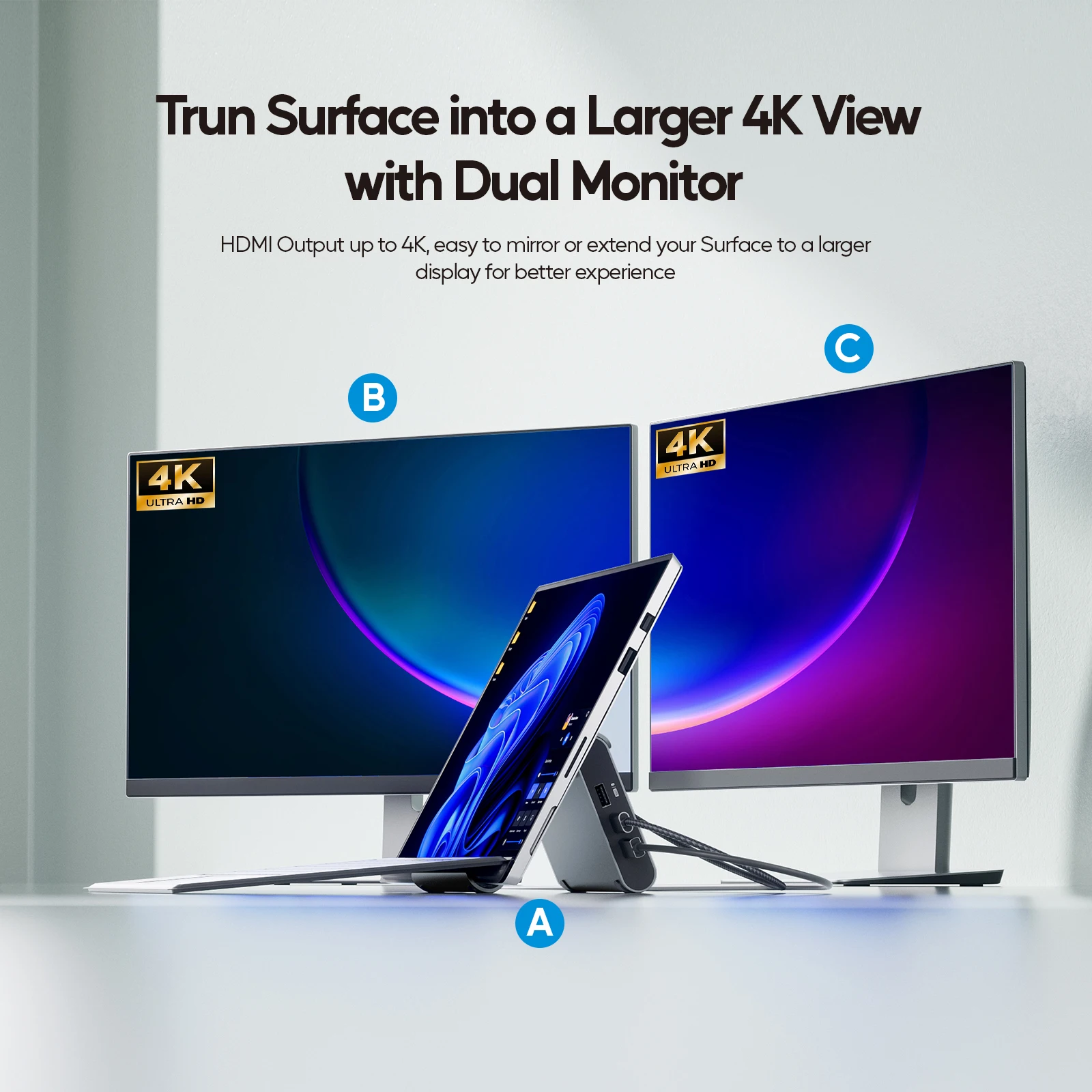 PULWTOP Dual Displays with 2 xHDMI 4K, 3 x USB-C/A 10Gbps, 2 x USB-A 5Gbps, USB-2.0, Ethernet, PD for Win11/10 Tablets