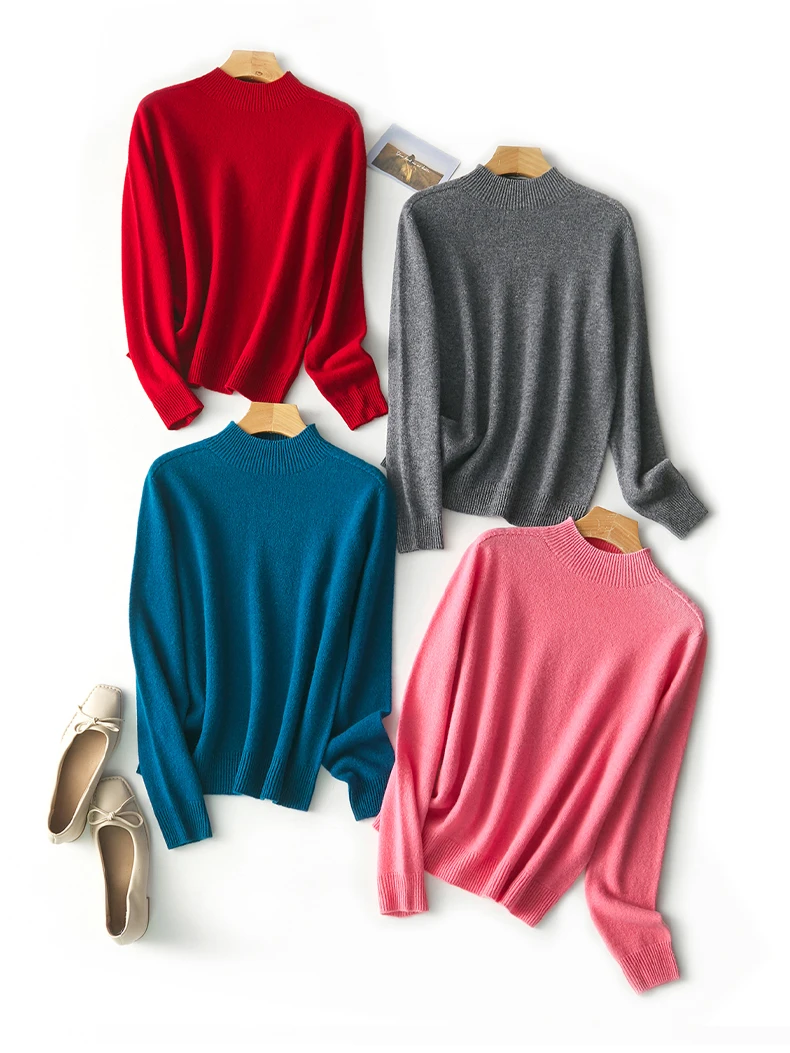 SuyaDream, Women Basic Pullovers, 100%Sheep Wool, Mock Neck, Plain Knit Sweaters, 2024 Fall Winter Warm Top, Camel, Blue