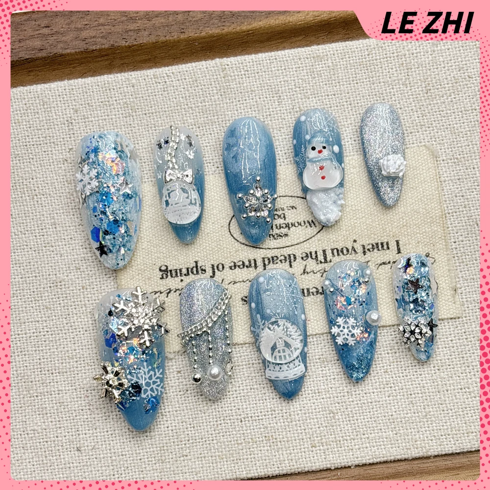 10Pcs Fashion Handmade Long Almond Coffin Wearable Press On Nails Cute Horse Cat Eyes Pearl Flower Diamond Bowknot Fake Nails