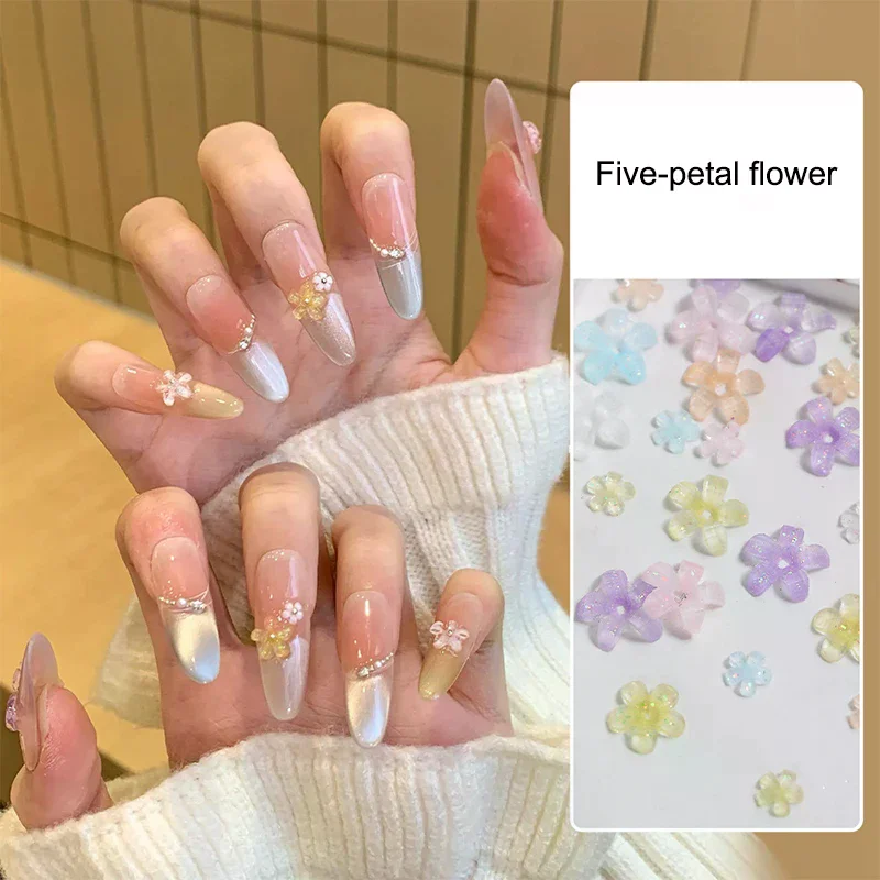50Pcs Five Petal Flower Nail Art Charms Shine 3D Nail Decoration Macaron Color Manicure Accessories Resin Material DIY