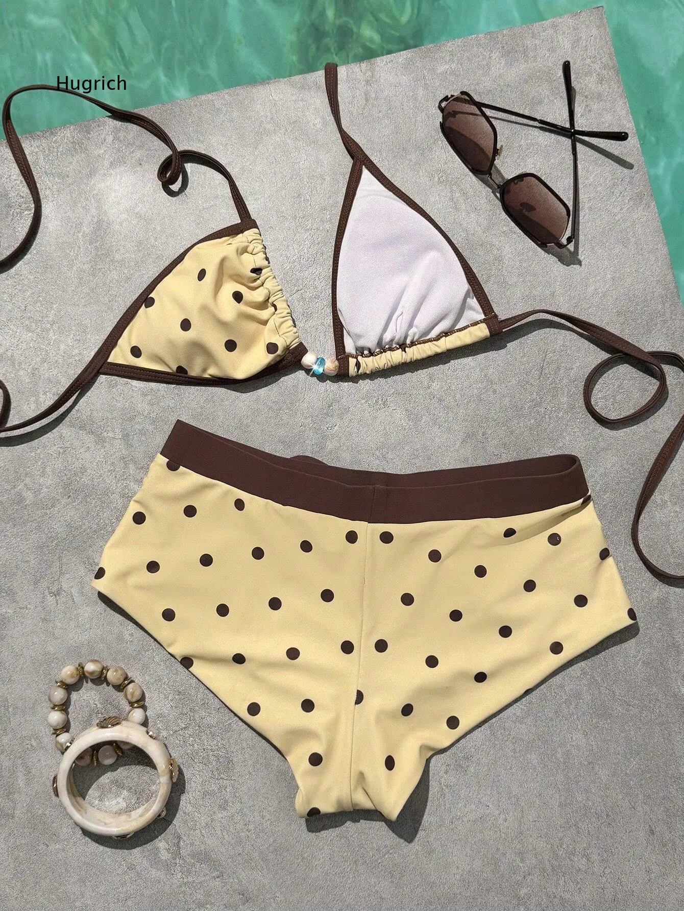 Ladies Polka Dot Bikini Bathing Suit Contrast Color Edge Triangle Halter Top Tie Waist Boy Short Swimwear for Outdoor Beach