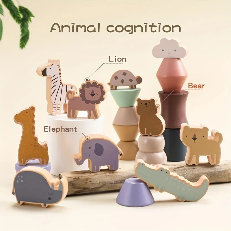 Wooden Stacking Toys for Toddlers Animals Stacking Blocks Balance Game Preschool Montessori Educational Toys for Kids Boys Girls