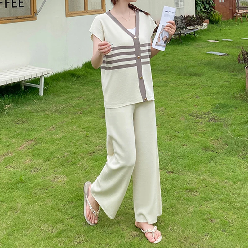 Contrasting Striped V-neck Batwing Sleeve Top Waistcoat Knit 2-piece Sets Wide Leg Long Pant Suit Casual Summer Women Clothing