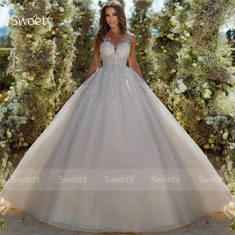 Элегантное свадебное платье с вышитым кружевом на сетке и бальное платье без рукавов с вырезом для свадебного платья на пуговицах Vestido De Casamento по индивидуальному заказу