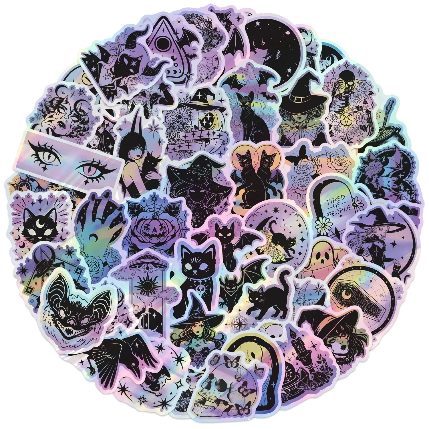 50/100PCS Holographic Halloween Witch Black Cat Stickers, Waterproof Moon Graffiti Decals for Laptop Luggage Guitar Car Bike DIY