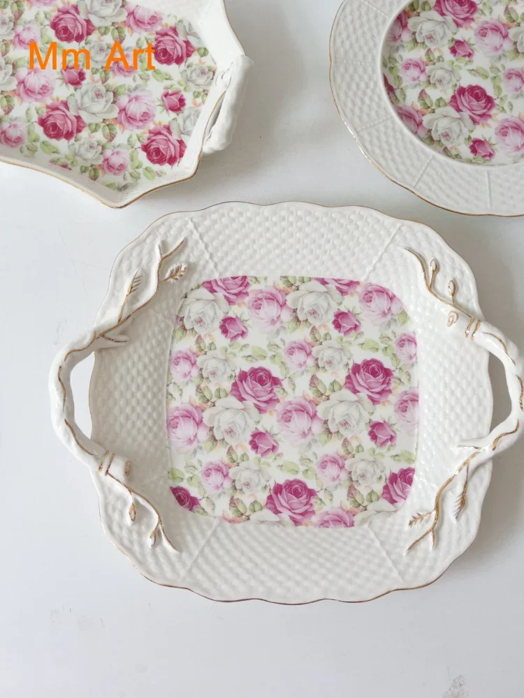 

Керамическая тарелка в стиле ретро с растением и цветами, бинауральный поднос, блюдо с золотой оправой, десертная тарелка