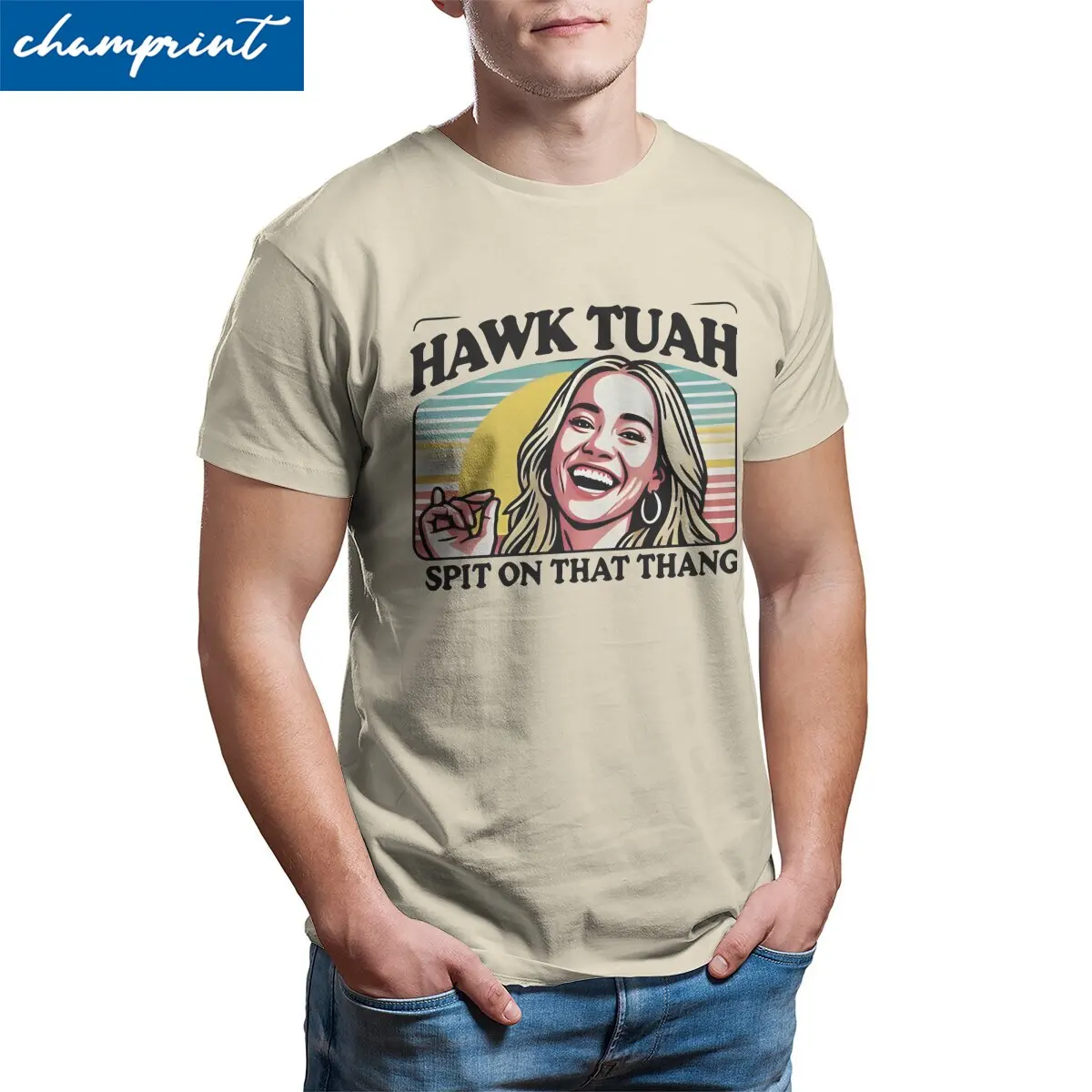 Awesome Hawk Tuah 2024 T-Shirt for Men Crewneck Cotton T Shirts Spit on That Thang Short Sleeve Tees Plus Size Clothing