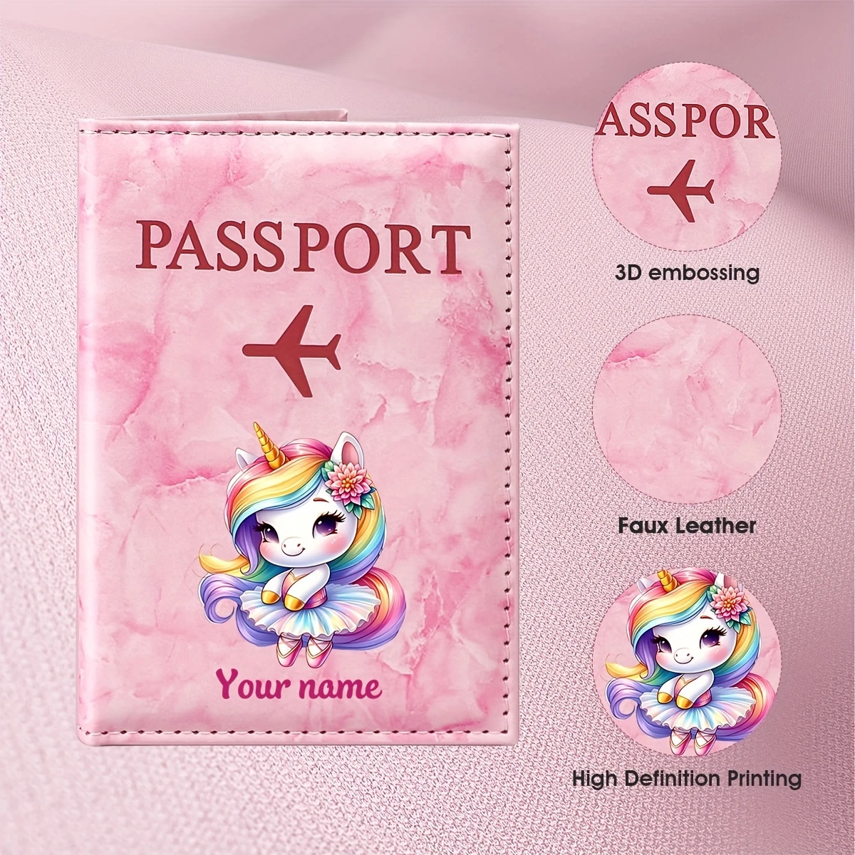 Custom Name PU Passport Holder, Featuring a Dance Skirt Unicorn Illustration, Perfect for a Dreamy Fairy Tale Travel Vibe