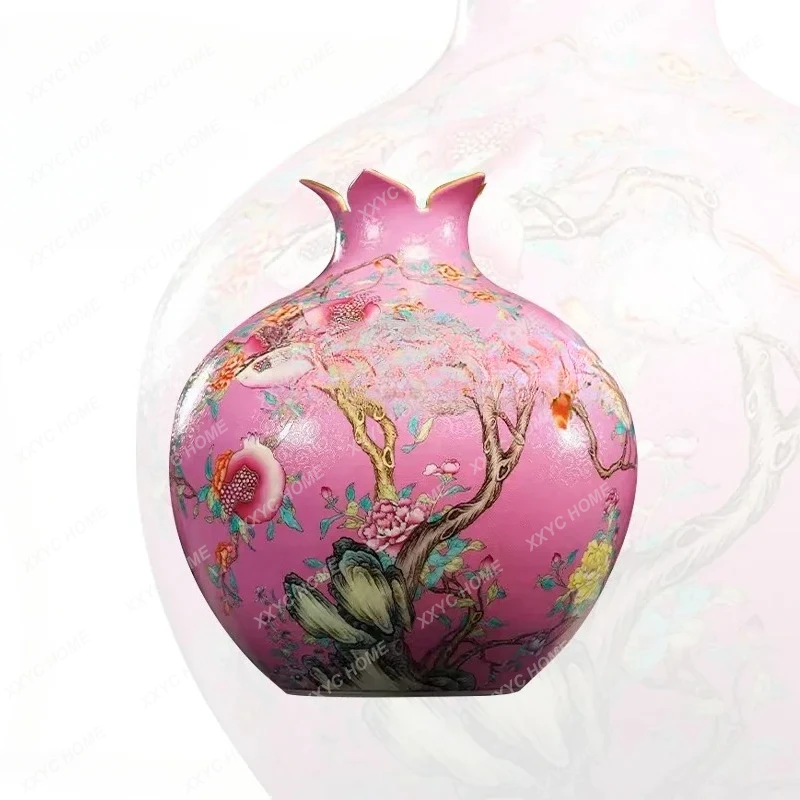 A Ceramic Vase HandDrawnFlowers and Birds Pattern PomegranateBottle Chinese Style Ornament Decoration Office Living Room