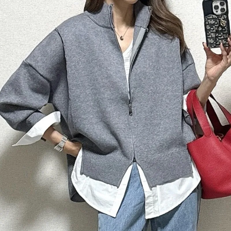 [EWQ] Fake 2 Piece Contrast Colors Patchwork Long Sleeve Knit Cardigan Loose Women Zipper Sweater Coat 2024 Autumn New 16O2845