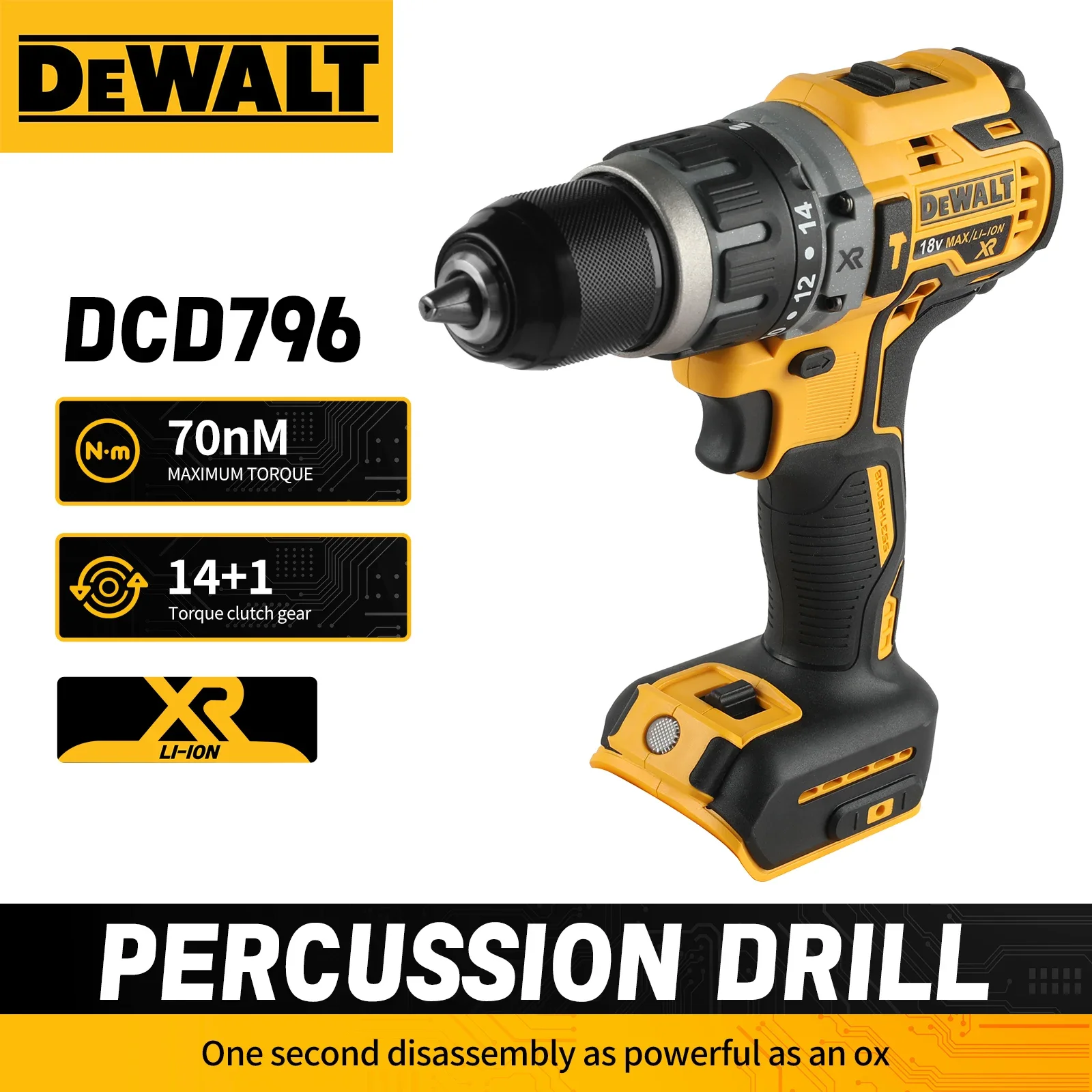 DEWALT DCD796 20V Brushless Impact Screwdriver 70Nm High Torque Portable Multi-function Power Tool for All Jobs