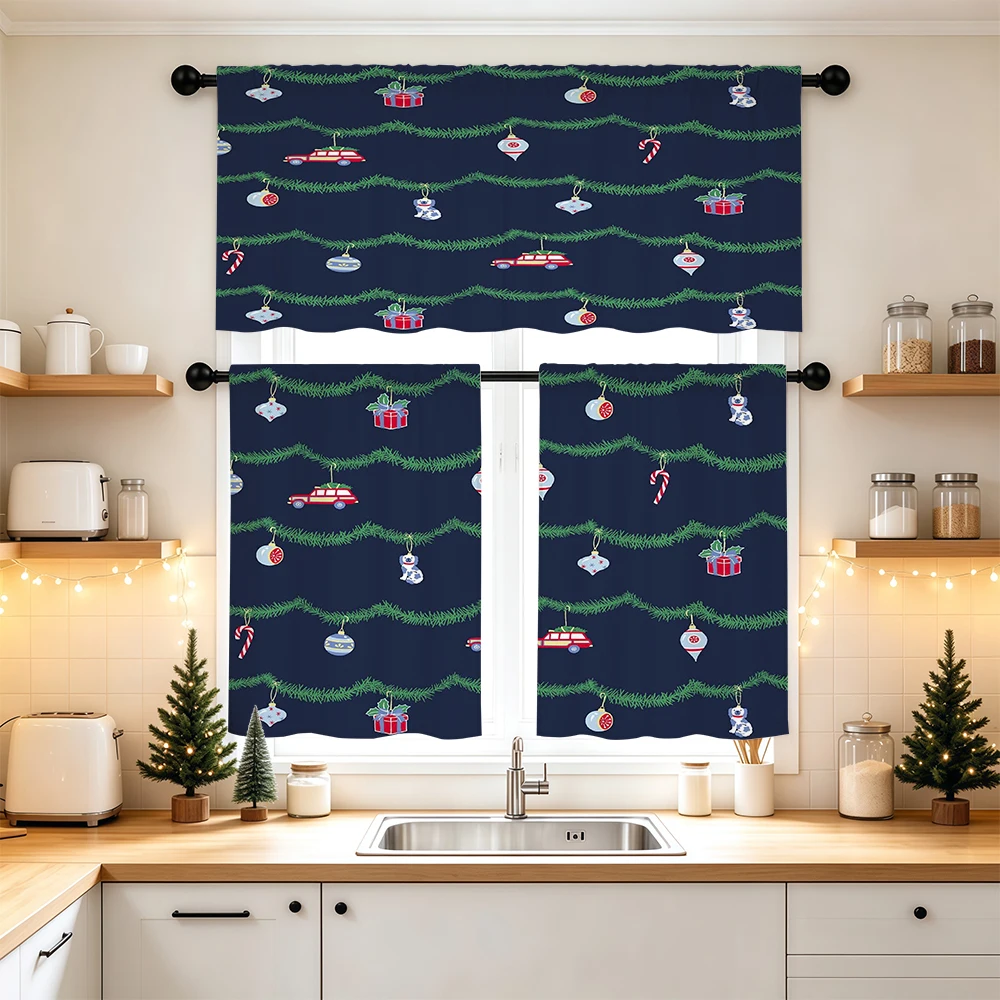 Christmas Kitchen Curtains, Navy Pine Garland Ornament, Digital Print, Kitchen Dining Room, Rod Pocket Polyester, Home Decor