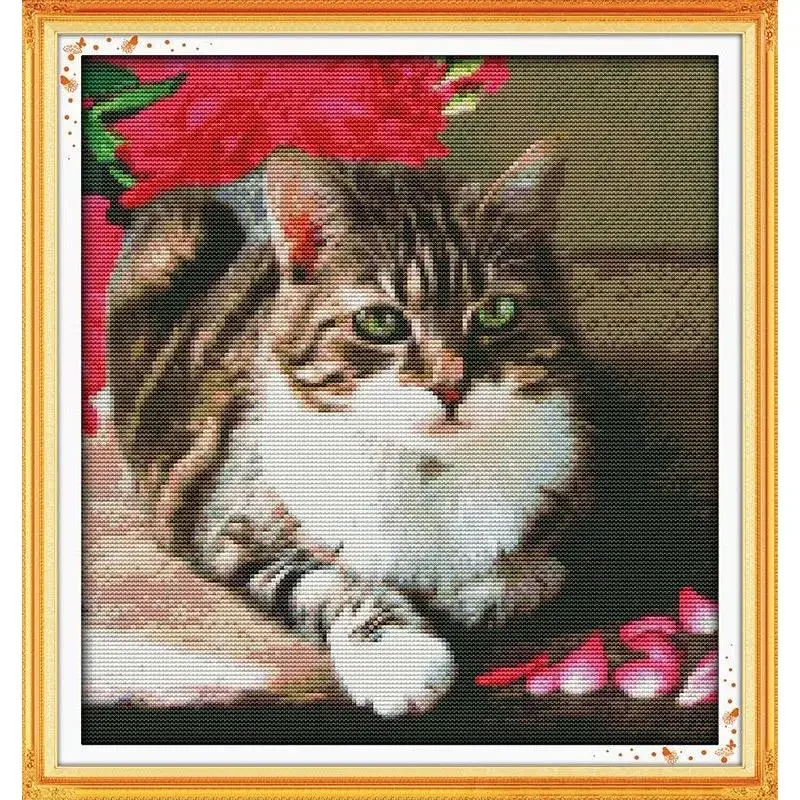 Joy Sunday News Printed Cross Stitch Kit ,  Easy Sewing Pattern for Beginner  Stamped Fabric Embroidery Set-Lovely Cat