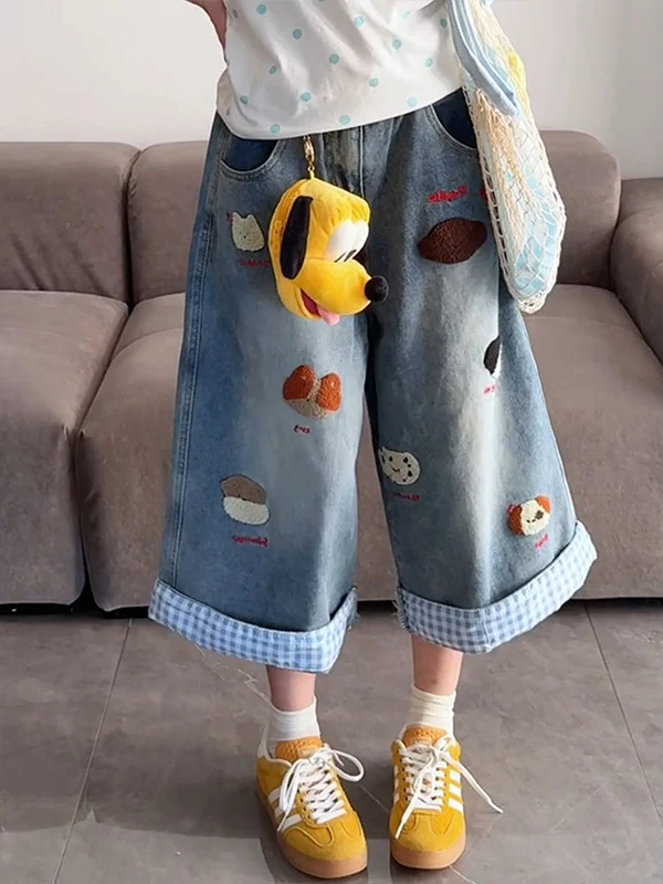 

American Style Retro Cartoon Patchwork Embroidered Jeans Loose Fit High Waist Wide Leg Casual Summer Blue Denim Pants for Women