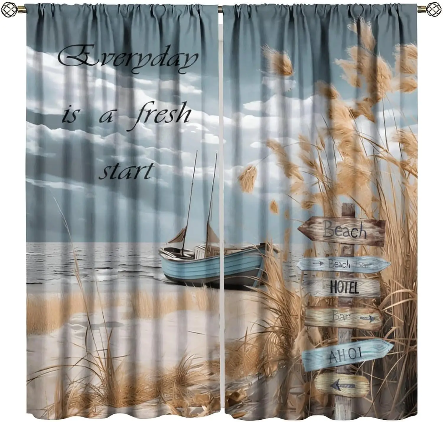 

Tropical Ocean Beach Curtains,Coastal Wooden Boat Spirational Quotes Window Drapes for Living Room Bedroom Kitchen Bathroom