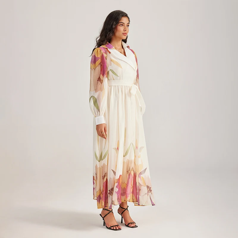 เดรสลำลองอเนกประสงค์แฟชั่นสำหรับผู้หญิง กระดุมเดี่ยว แขนยาว ลายดอกไม้ ช่วงเอวเข้ารูป ทรงแม็กซี่ เหมาะสำหรับใส่ทำงาน