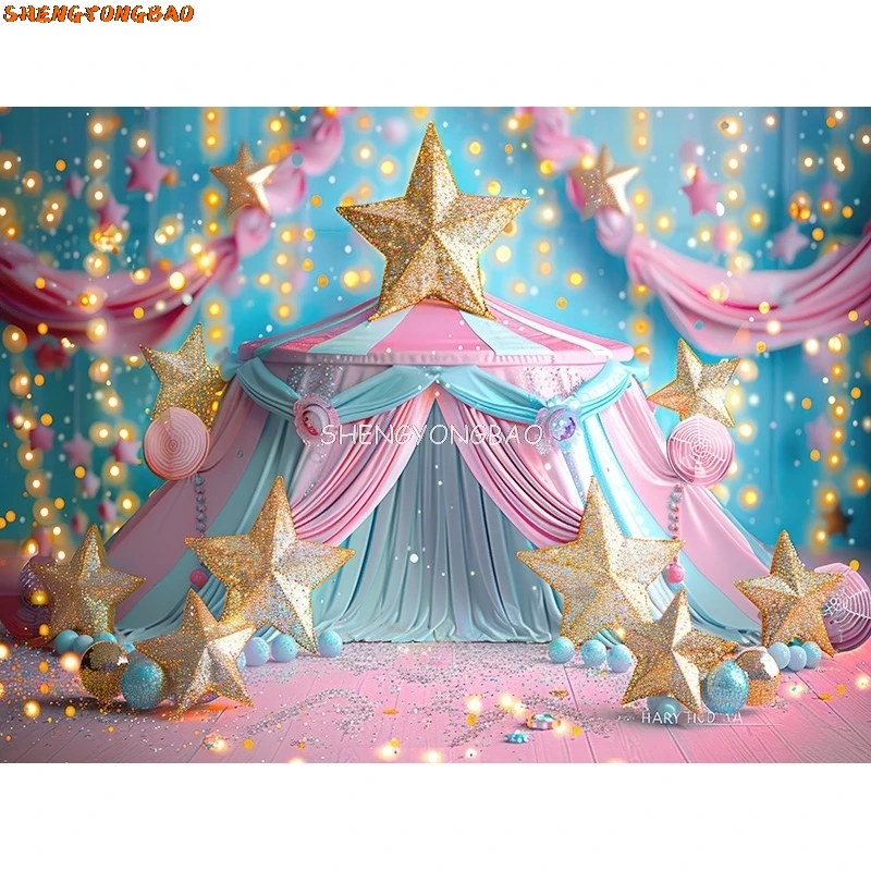 SHENGYONGBAO Circus Tent With Striped Canopy Popcorn Photography Backdrops Balloons Birthday Party Decor Animal Background SD-09