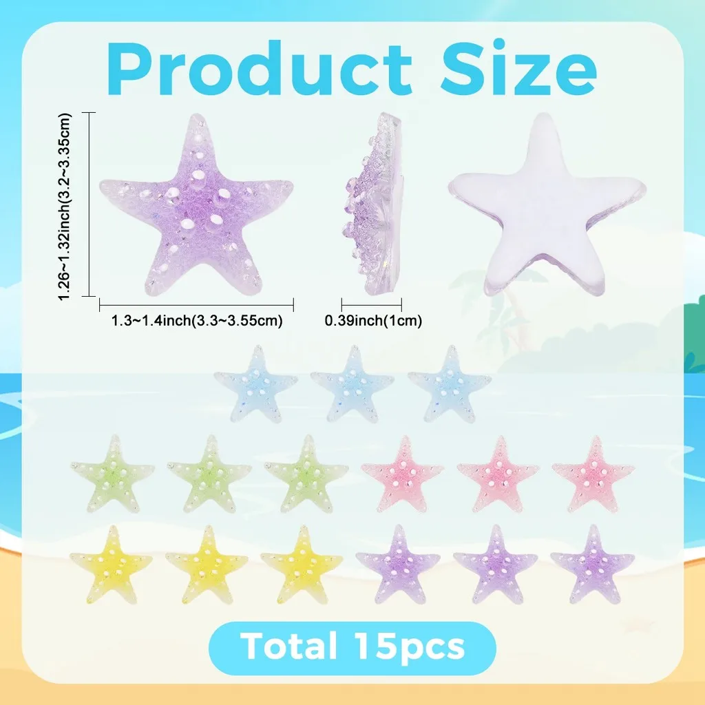 15Pcs Transparent Resin Paillette Starfish Pendants, 5 Colors, 3Pcs/Color, Mixed Color, for DIY Keychain Jewelry Making