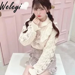 Kawaii Japanese Style Knitted Sweater Jirai Kei Women Knit Top 2024 Spring and Autumn Sweet Girl High Necked Bow Knitted Jumper