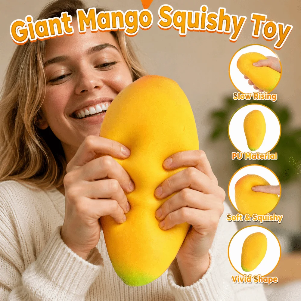 Juguete de Peluche de Mango Gigante de 16 cm, Juguete Amarillo para Aliviar la Ansiedad, Juguete de Peluche de Mango para Apretar, Relajante para las Manos, Pelota Sensorial Súper Suave para Aliviar el Estrés, Juguete para la Oficina