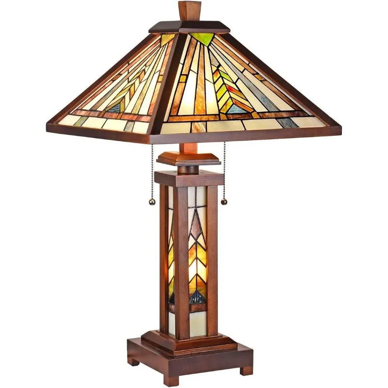 

Capulina Table Lamp 3-Light 15X15X26 Inches Mission Brown Style Stained Glass Wood Base Desk Lamp with Night Light Decor