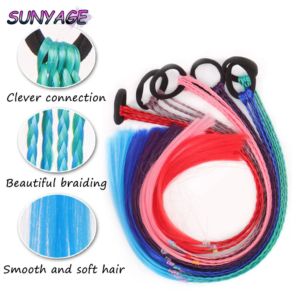 Sunyage-Tranças coloridas sintéticas, extensões de cabelo com bandas de borracha, rabo de cavalo trançado arco-íris