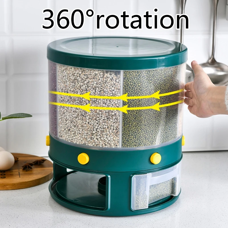 

Rotating Grid Rice Kitchen Dispenser Sealed Cereal Separate Bucket Measuring Container Grains Rice Storage Bucket Food Organizer