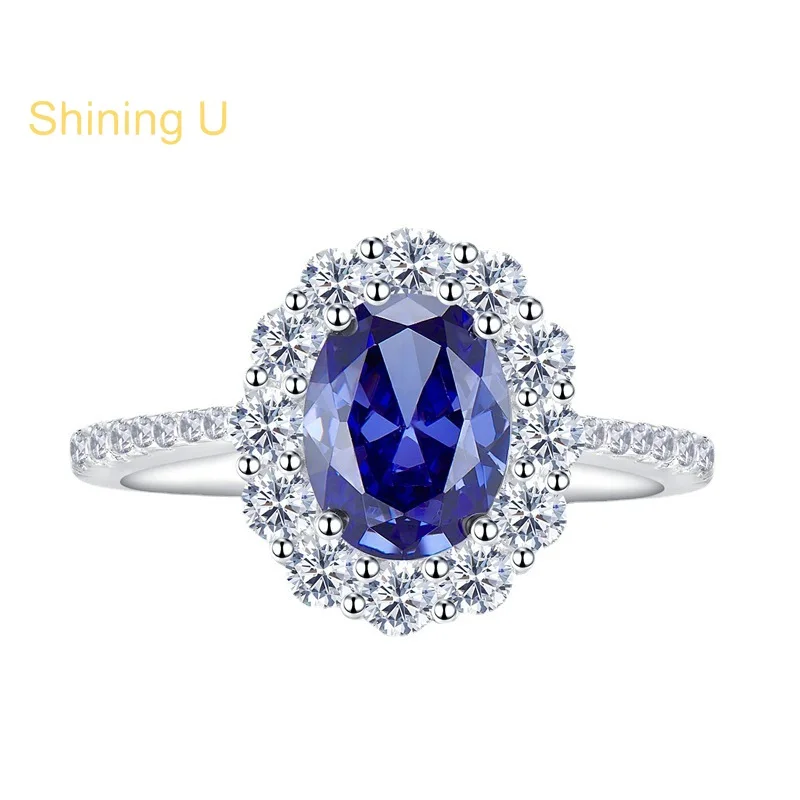 

Сияющее серебро U S925, 7*9 мм, овальное кольцо с синтетическим сапфиром для женщин, ювелирные изделия, лето