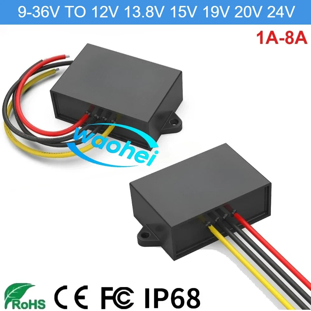 Car 9-36V to 12V 13.8V 15V 19V 20V 24V 1A-8A DC to DC Buck-Boost Power Supply Stabilizer Module Voltage Regulator Waterproof
