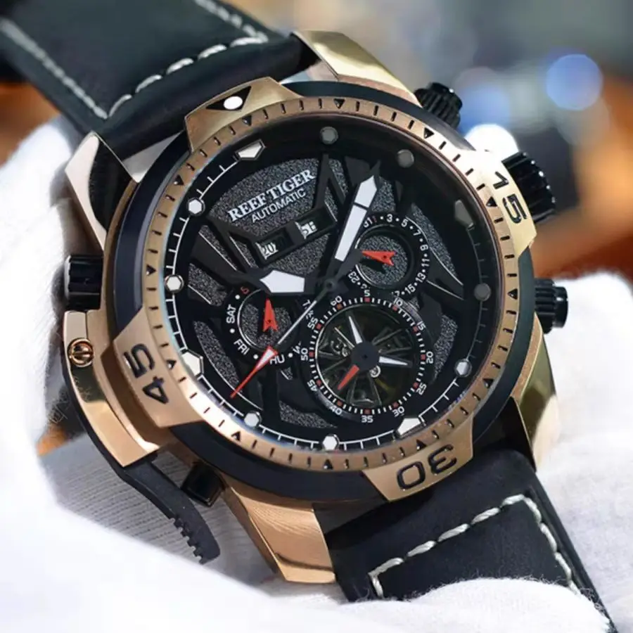 Reef Tiger Men Automatic Watch 46mm Mechanical Wristwatch Sapphire Mirror Luminous Waterproof Year Month Skeleton Flywheel Dial