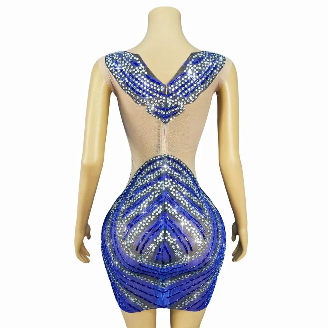 Damska Niebieska Błyszcząca Sukienka Mini Bodycon z Siateczki z Elastycznymi Wstawkami z Cyrkoniami, Sukienki na Imprezę Nocną, Brokatowe Stroje DJ Gogo, Kostiumy Sceniczne na Festiwal Muzyczny